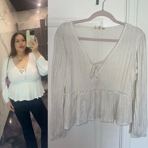 Altar’d State Large White Knit Long Sleeve Tie Ruffle Hem Babydoll Blouse